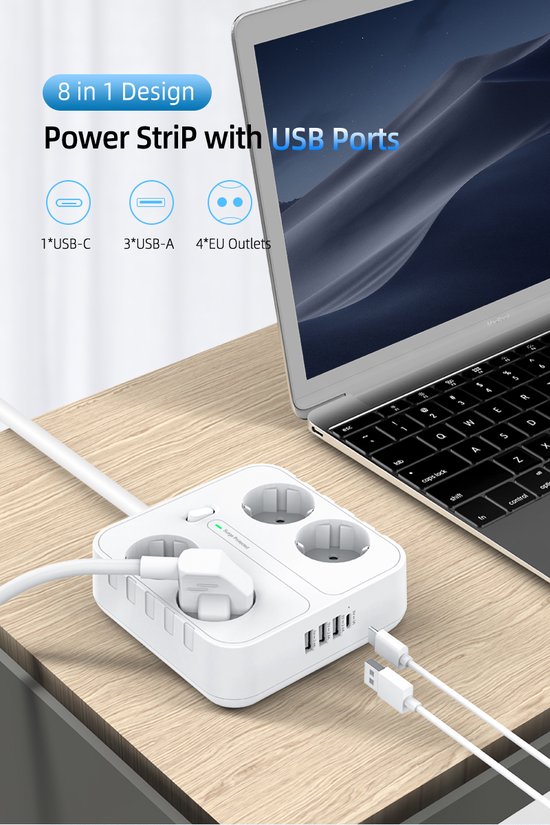 Stekkerdoos met USB – 4 Stopcontacten + 4 USB-poorten incl. USB-C – Wandmontage – 2500W – 1,8m Kabel – Wit-Stekkerdoos-Ilumina Benelux