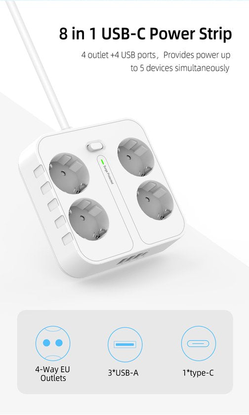 Stekkerdoos met USB – 4 Stopcontacten + 4 USB-poorten incl. USB-C – Wandmontage – 2500W – 1,8m Kabel – Wit-Stekkerdoos-Ilumina Benelux
