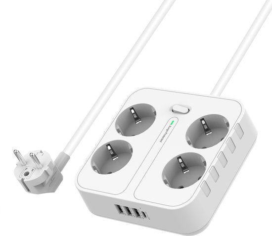 Stekkerdoos met USB – 4 Stopcontacten + 4 USB-poorten incl. USB-C – Wandmontage – 2500W – 1,8m Kabel – Wit-Stekkerdoos-Ilumina Benelux