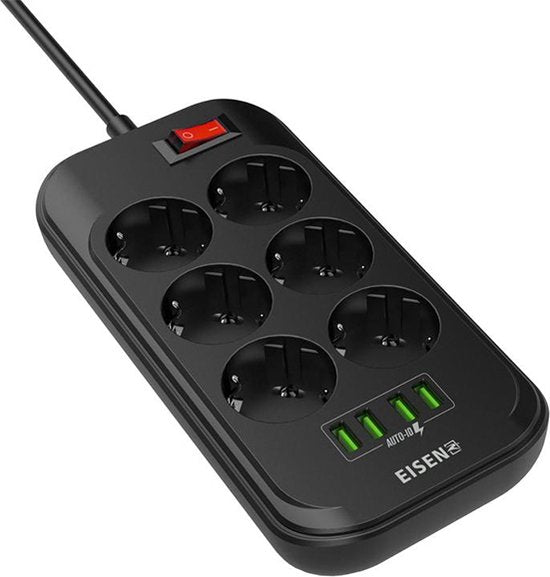 Stekkerdoos met USB – 6 Stopcontacten – 4 USB-poorten – Schakelaar – Eisenz SE6403-Stekkerdoos-Ilumina Benelux