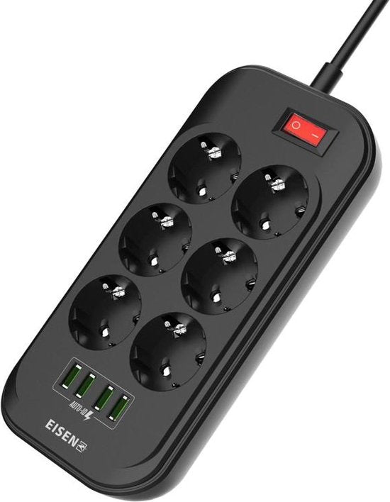 Stekkerdoos met USB – 6 Stopcontacten – 4 USB-poorten – Schakelaar – Eisenz SE6403-Stekkerdoos-Ilumina Benelux