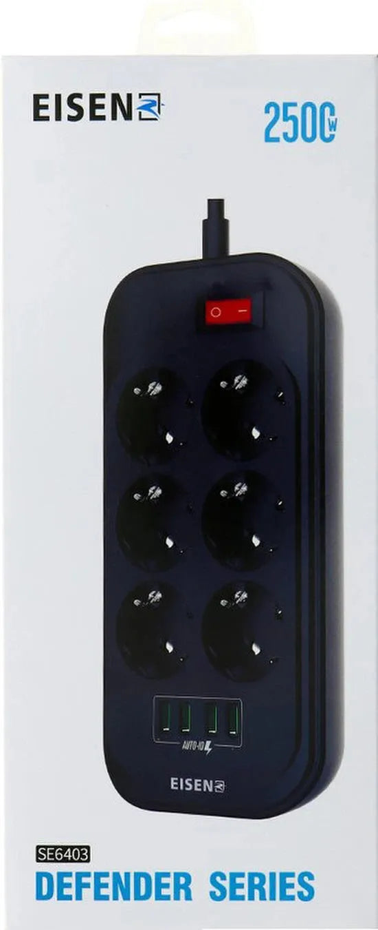 Stekkerdoos met USB – 6 Stopcontacten – 4 USB-poorten – Schakelaar – Eisenz SE6403-Stekkerdoos-Ilumina Benelux