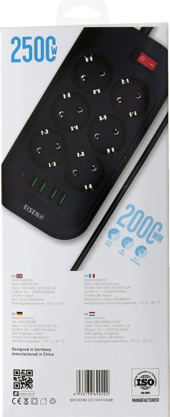 Stekkerdoos met USB – 6 Stopcontacten – 4 USB-poorten – Schakelaar – Eisenz SE6403-Stekkerdoos-Ilumina Benelux