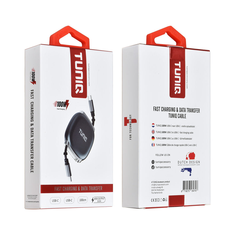 TUNIQ 100W USB-C naar USB-C Kabel 100cm - Snelle oplaadkabel - Oprolbare kabel - Zwart-USB-Kabels-Ilumina Benelux