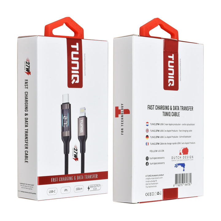 TUNIQ 27W USB-C naar Lightning Kabel 100cm - Snelle oplaadkabel - With Display - Zwart-USB-Kabels-Ilumina Benelux