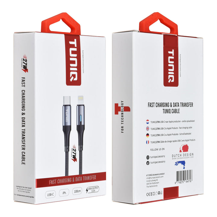 TUNIQ 27W USB-C naar Lightning Kabel 100cm - Snelle oplaadkabel - Zwart-USB-Kabels-Ilumina Benelux