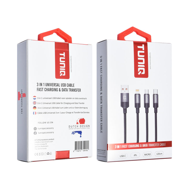 TUNIQ 3 in 1 USB Oplaad- en dataoverdracht kabel 100cm - Zwart-USB-Kabels-Ilumina Benelux