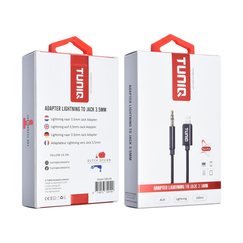 TUNIQ 3.5 Jack to Lightning adapter - 100cm - Zwart-Audiokabel-Ilumina Benelux