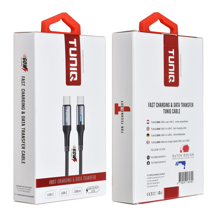 TUNIQ 60W USB-C naar USB-C Kabel 100cm - Snelle oplaadkabel - Zwart-USB-Kabels-Ilumina Benelux