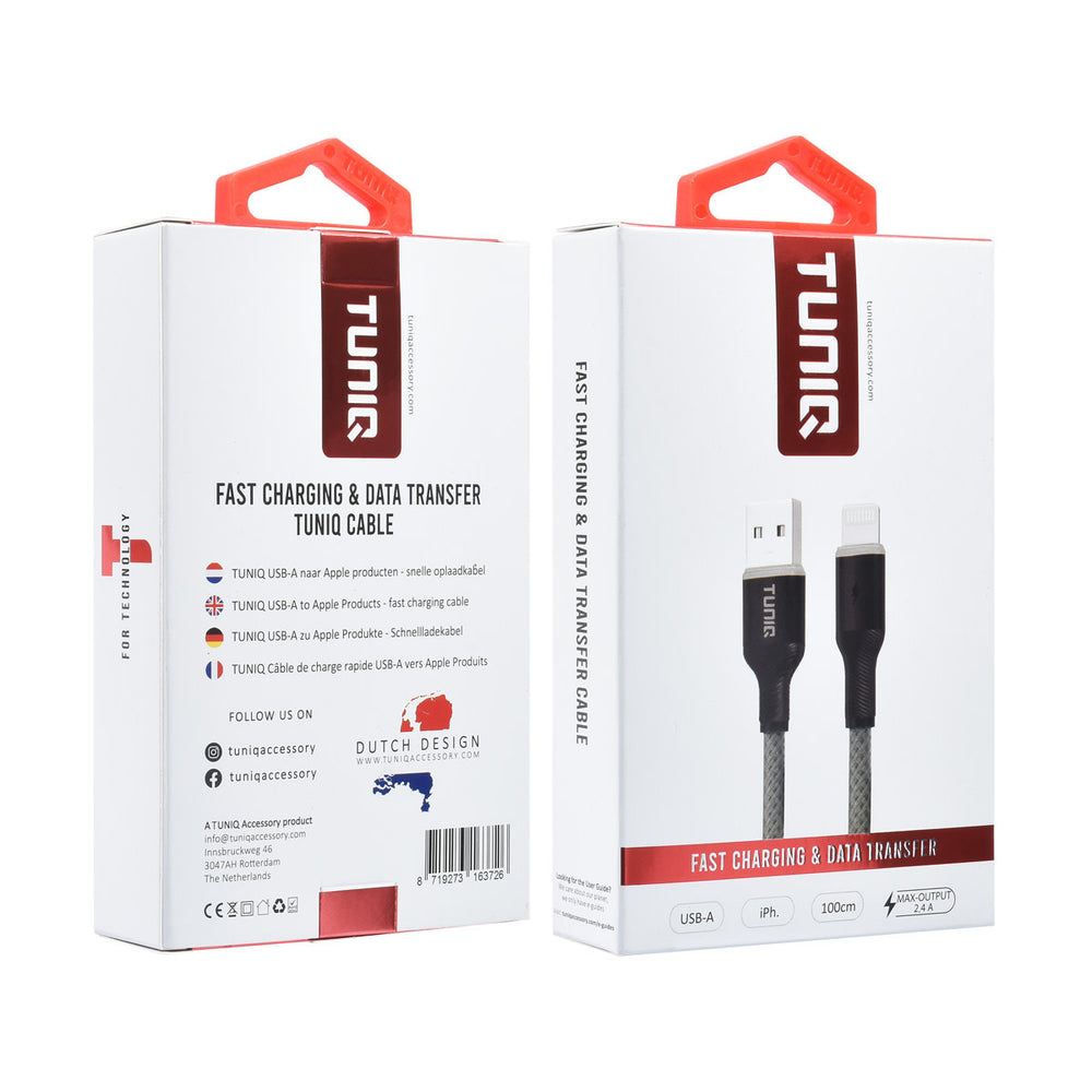 TUNIQ Lightning USB Kabel 100cm snellader dataoverdracht - Grijs-USB-Kabels-Ilumina Benelux