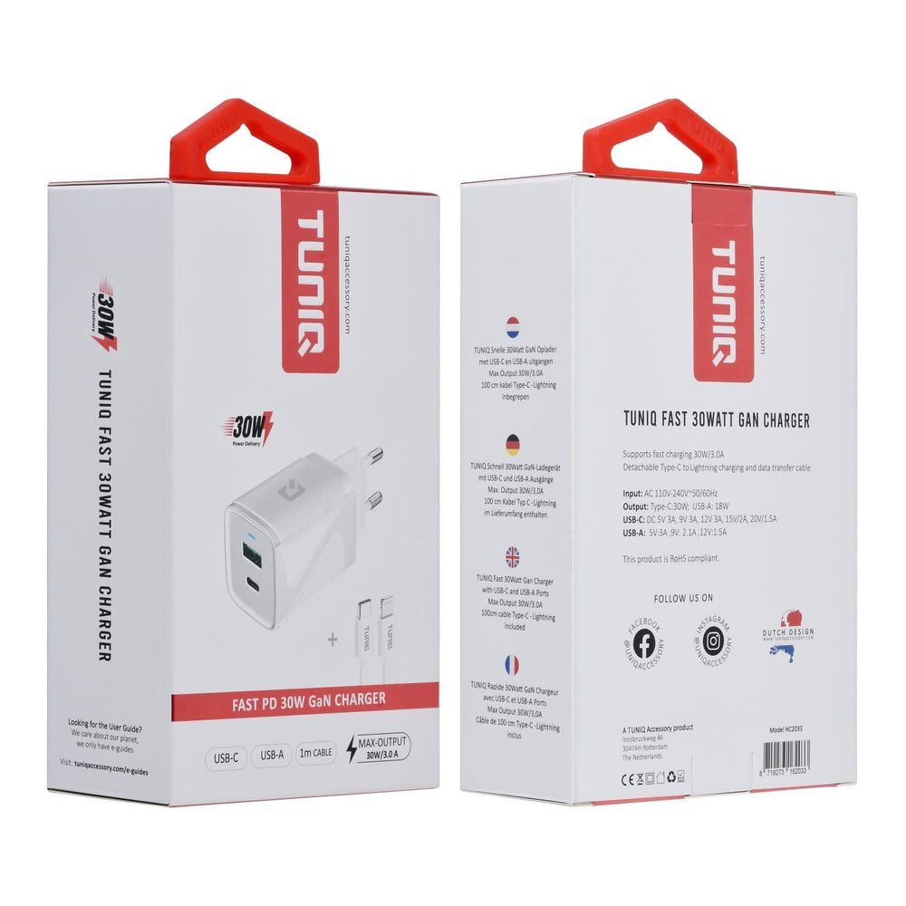 Voor- en achterkant van rood-witte TUNIQ-verpakking van witte 30W-wandoplader met kabel.