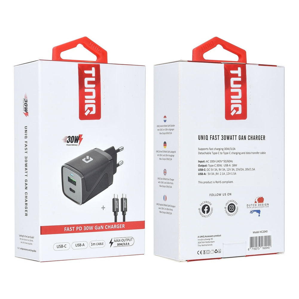 Voor- en achterkant van rood-witte TUNIQ-verpakking van zwarte 30W-wandoplader met kabel.