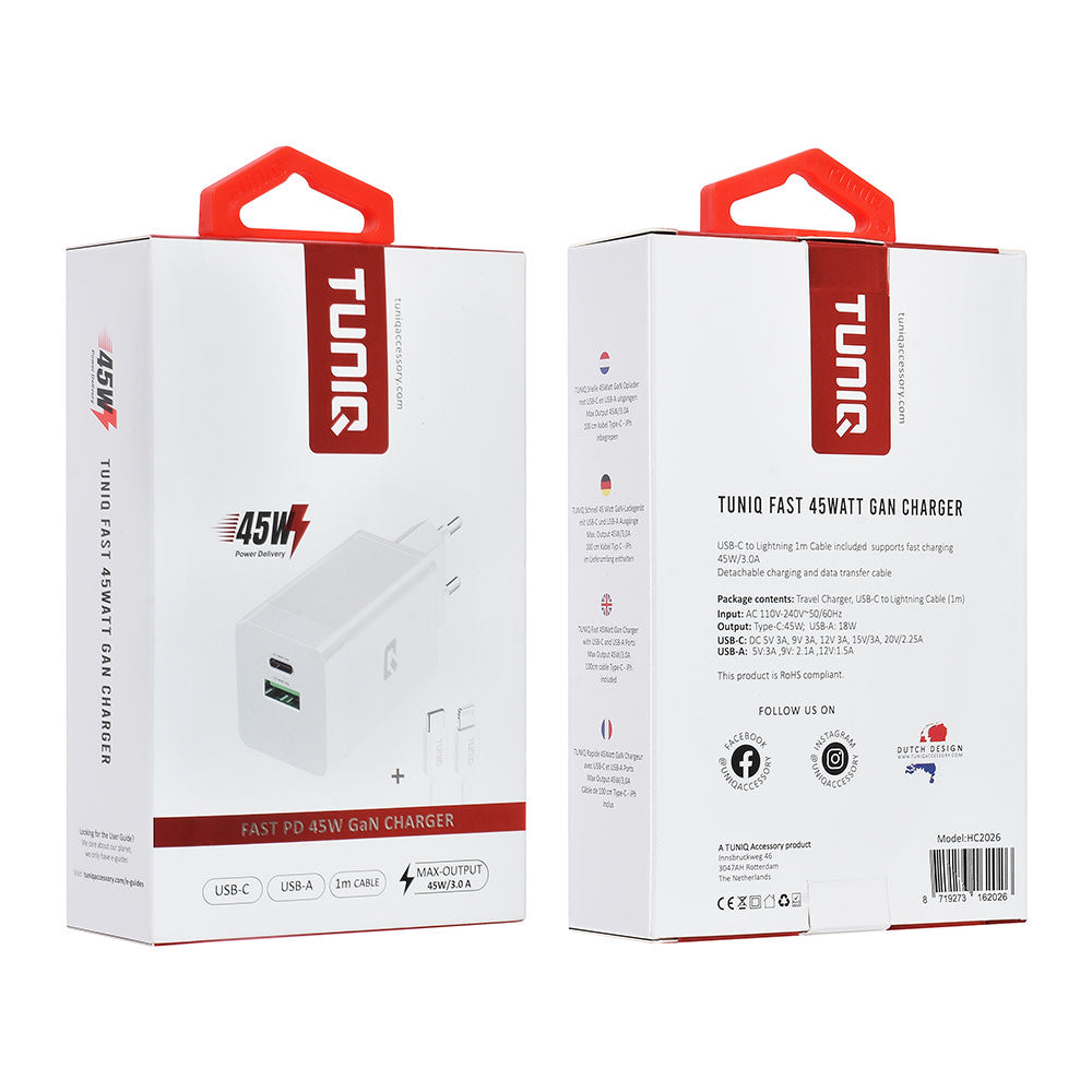 Voor- en achterkant van TUNIQ-verpakking van witte wandoplader met kabel.
