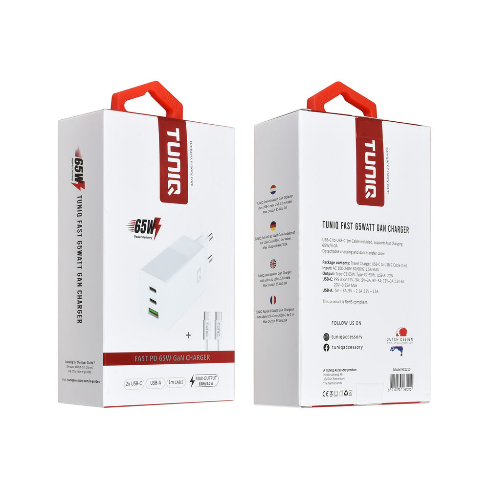 TUNIQ-verpakking van witte 65W-wandoplader met kabel.