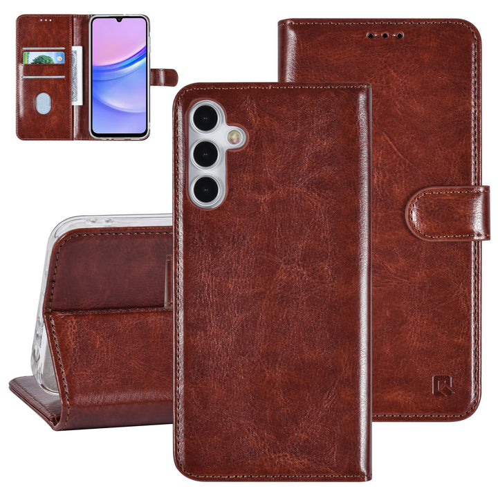 TUNIQ Samsung Galaxy A15 5G Book Case hoesje - Pasjeshouder voor 3 pasjes - Magneetsluiting - Hanger - Bruin-Hoesjes-Ilumina Benelux