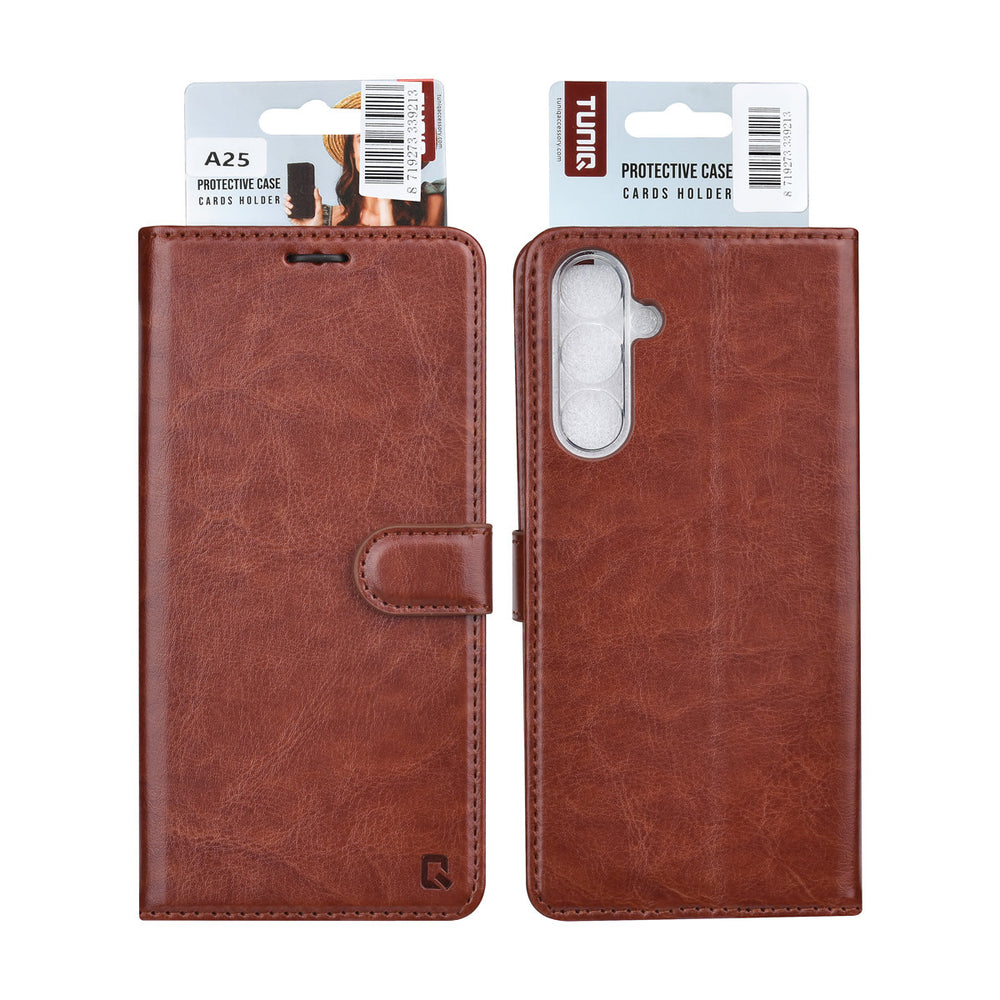 TUNIQ Samsung Galaxy A25 Book Case hoesje - Pasjeshouder voor 3 pasjes - Magneetsluiting - Hanger - Bruin-Hoesjes-Ilumina Benelux