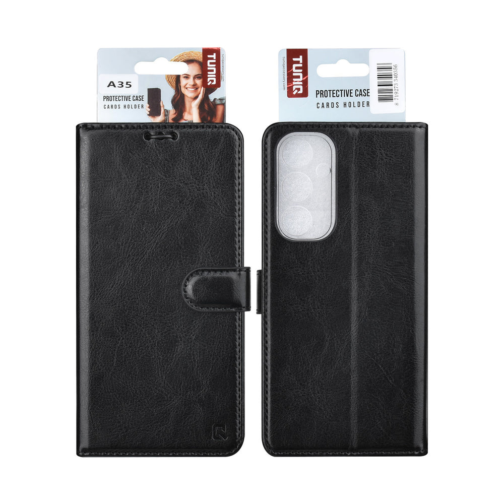 TUNIQ Samsung Galaxy A35 Book Case hoesje - Pasjeshouder voor 3 pasjes - Magneetsluiting - Hanger - Zwart-Hoesjes-Ilumina Benelux