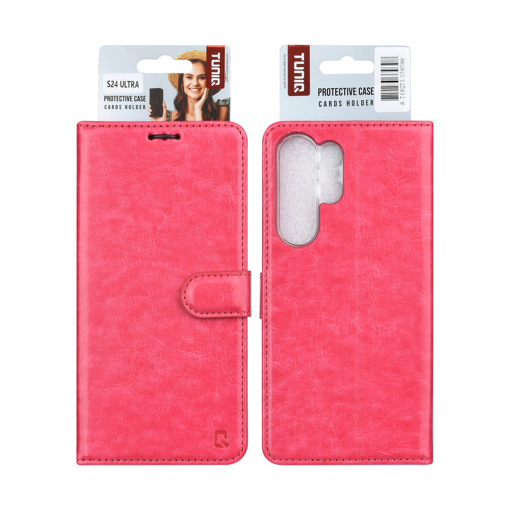 TUNIQ Samsung Galaxy S24 Ultra Book Case hoesje - Pasjeshouder voor 3 pasjes - Magneetsluiting - Hanger - Felroze-Hoesjes-Ilumina Benelux