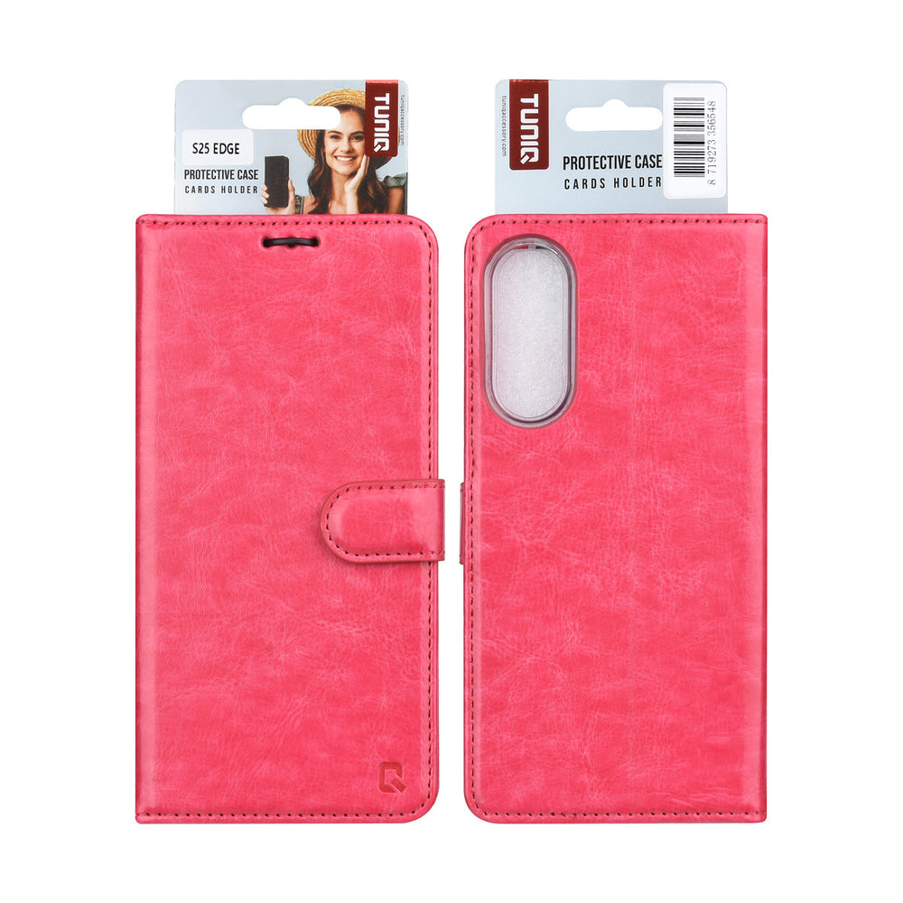 TUNIQ Samsung Galaxy S25 Edge Book Case hoesje - Pasjeshouder voor 3 pasjes - Magneetsluiting - Hanger - Felroze-Hoesjes-Ilumina Benelux