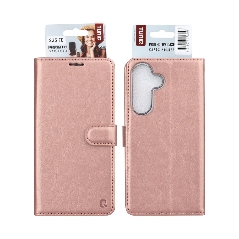 TUNIQ Samsung Galaxy S25 FE Book Case hoesje - Pasjeshouder voor 3 pasjes - Magneetsluiting - Hanger - Rose Gold-Hoesjes-Ilumina Benelux