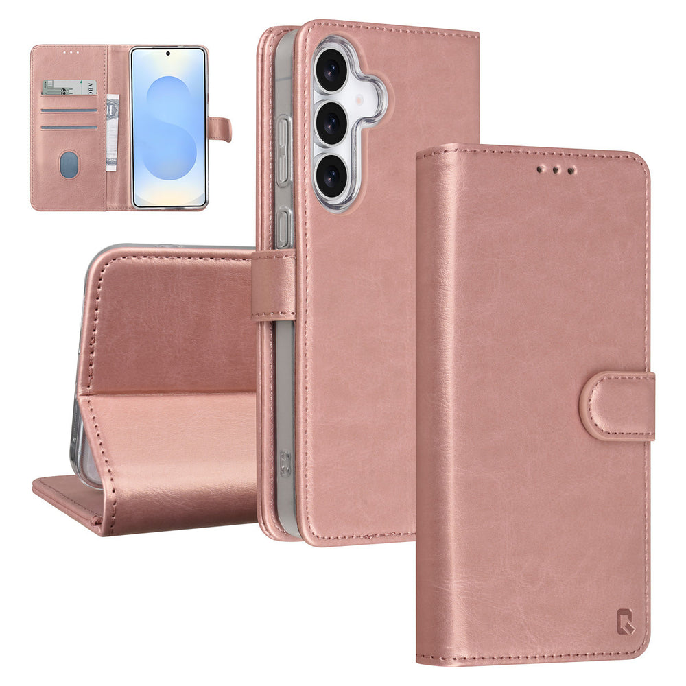 TUNIQ Samsung Galaxy S25 FE Book Case hoesje - Pasjeshouder voor 3 pasjes - Magneetsluiting - Hanger - Rose Gold-Hoesjes-Ilumina Benelux