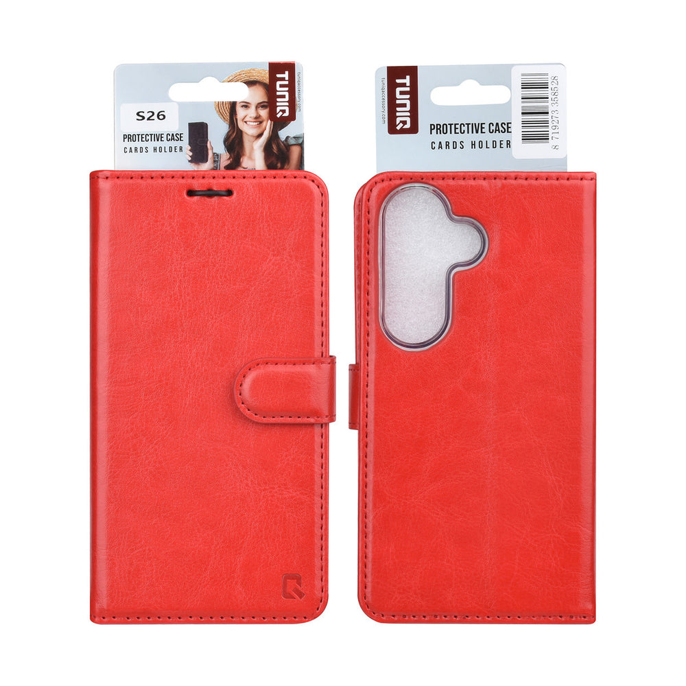 TUNIQ Samsung Galaxy S26 Book Case hoesje - Pasjeshouder voor 3 pasjes - Magneetsluiting - Hanger - Rood-Hoesjes-Ilumina Benelux