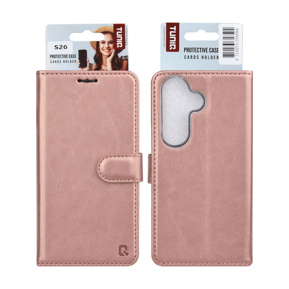TUNIQ Samsung Galaxy S26 Book Case hoesje - Pasjeshouder voor 3 pasjes - Magneetsluiting - Hanger - Rose Gold-Hoesjes-Ilumina Benelux