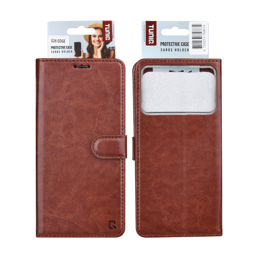 TUNIQ Samsung Galaxy S26 Edge Book Case hoesje - Pasjeshouder voor 3 pasjes - Magneetsluiting - Hanger - Bruin-Hoesjes-Ilumina Benelux