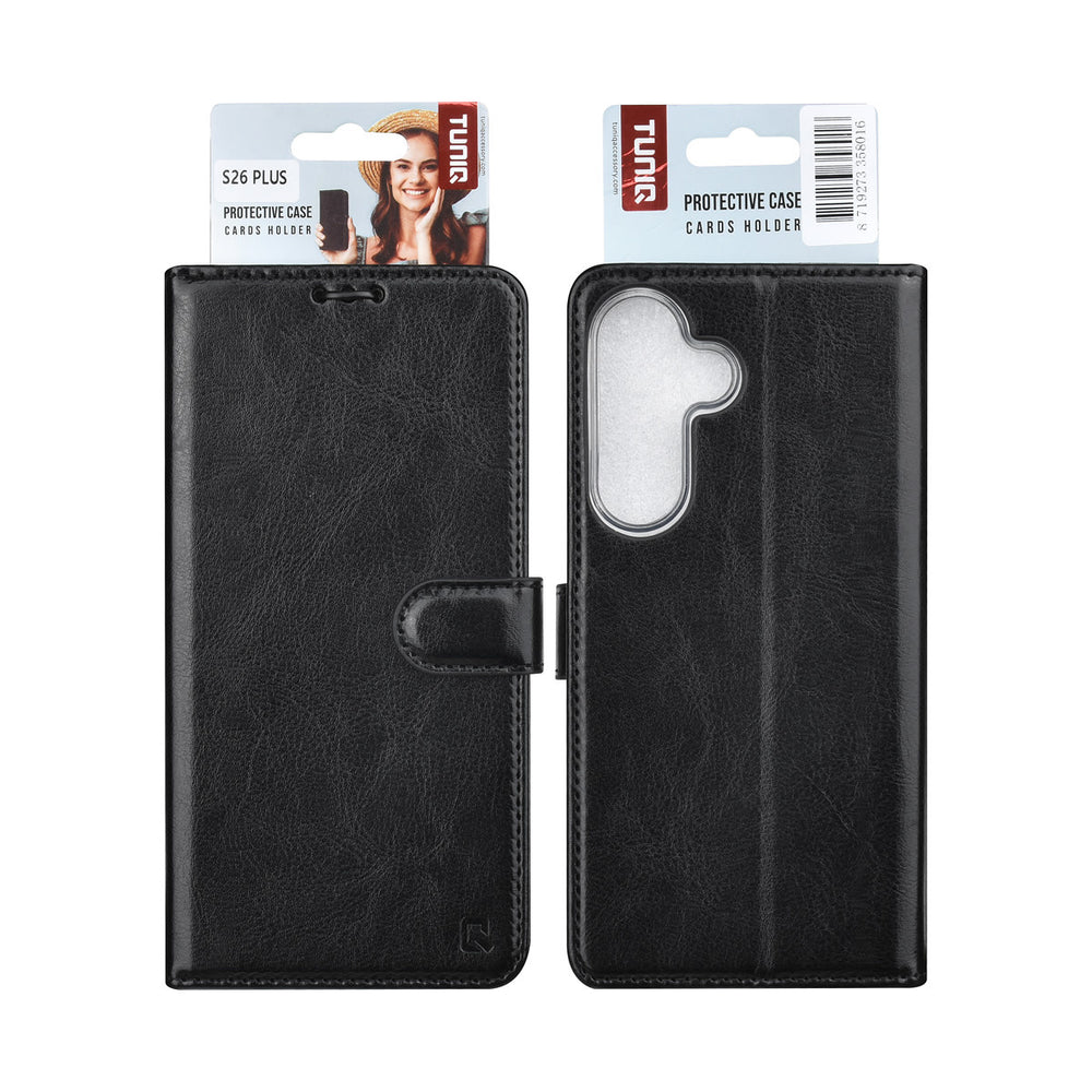 TUNIQ Samsung Galaxy S26 Plus Book Case hoesje - Pasjeshouder voor 3 pasjes - Magneetsluiting - Hanger - Zwart-Hoesjes-Ilumina Benelux