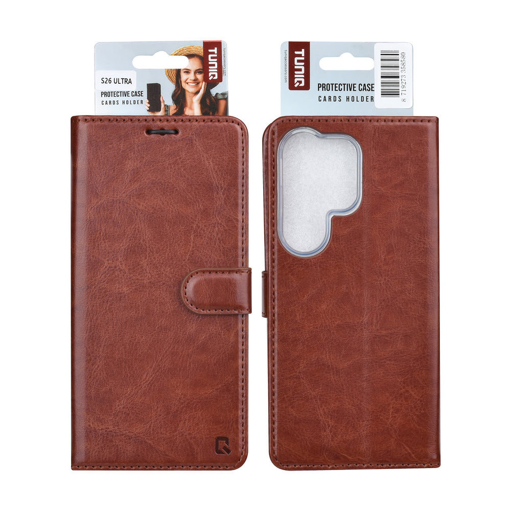 TUNIQ Samsung Galaxy S26 Ultra Book Case hoesje - Pasjeshouder voor 3 pasjes - Magneetsluiting - Hanger - Bruin-Hoesjes-Ilumina Benelux