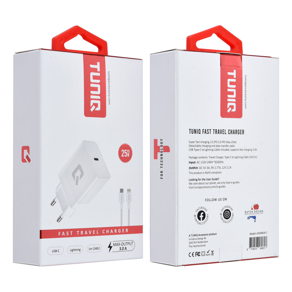 TUNIQ Snellader PD 25W Adapter - met Lightning naar Type-C Kabel - Wit-Oplader-Ilumina Benelux