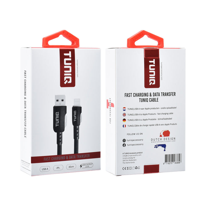 TUNIQ USB-A naar Lightning Kabel 30cm - Snelle oplaadkabel - Zwart-USB-Kabels-Ilumina Benelux