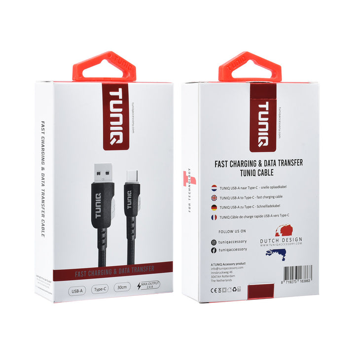 TUNIQ USB-A naar USB-C Kabel 30cm - Snelle oplaadkabel - Zwart-USB-Kabels-Ilumina Benelux