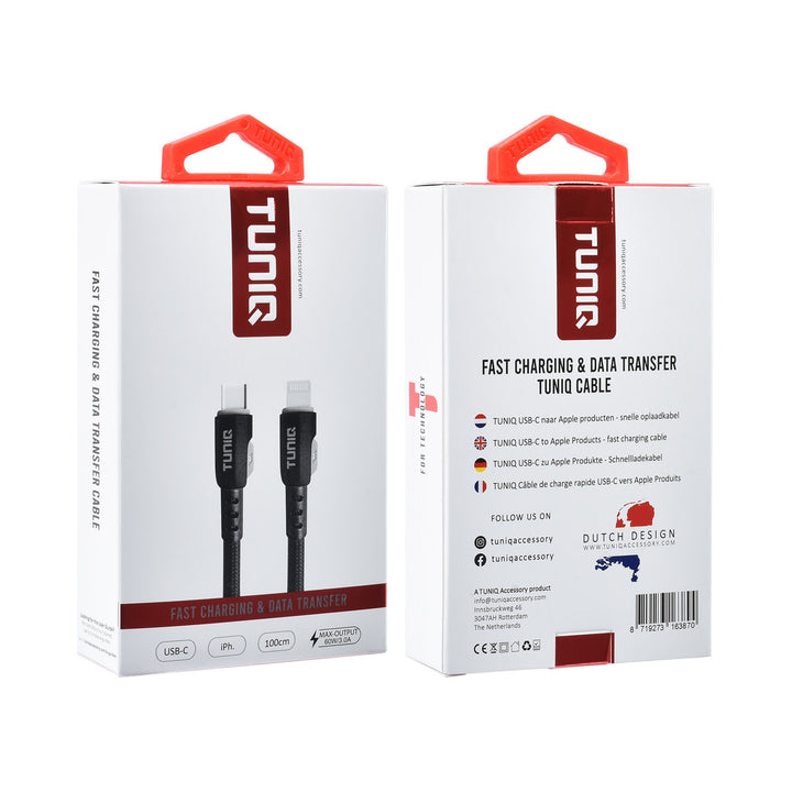 TUNIQ USB-C naar Lightning Kabel 100cm- Snelle oplaadkabel - Zwart-Kabel-Ilumina Benelux