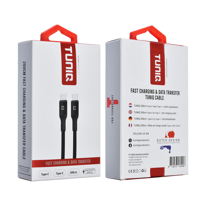 TUNIQ USB-C naar USB-C Kabel 200cm - Snelle oplaadkabel - Zwart-Kabel-Ilumina Benelux