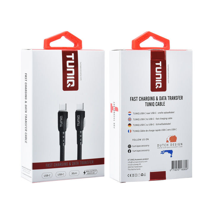 TUNIQ USB-C naar USB-C Kabel 30cm - Snelle oplaadkabel - Zwart-Kabel-Ilumina Benelux