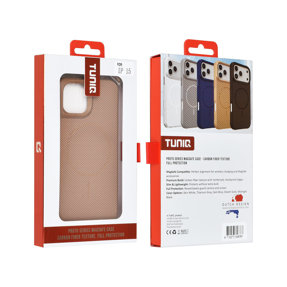TUNIQ iPhone 15 Backcover hoesje - Magsafe - Carbon Fiber - Shockproof - Goud-Hoesjes-Ilumina Benelux