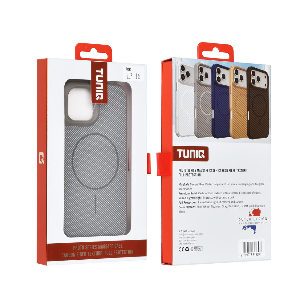 TUNIQ iPhone 15 Backcover hoesje - Magsafe - Carbon Fiber - Shockproof - Grijs-Hoesjes-Ilumina Benelux