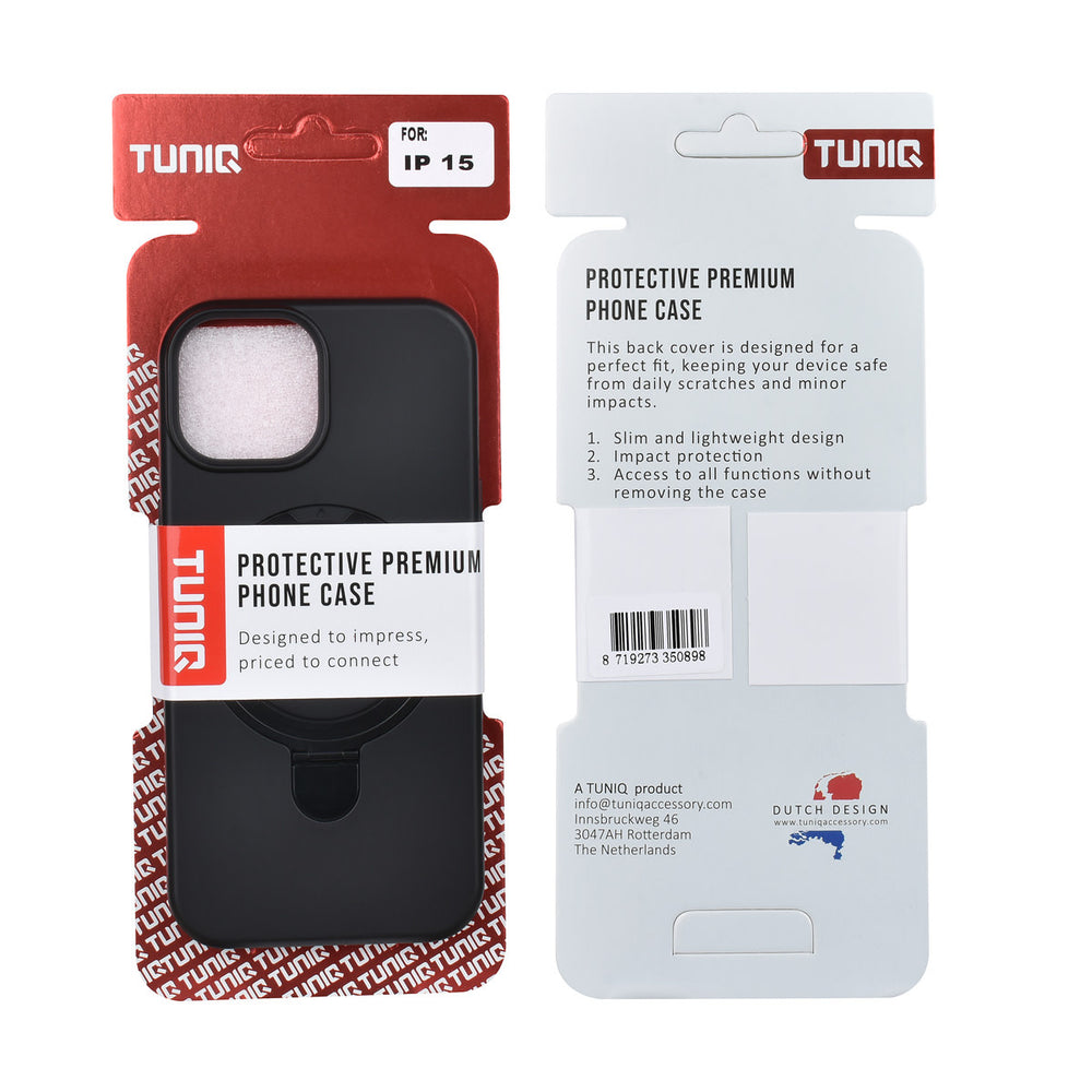TUNIQ iPhone 15 Backcover hoesje - Magsafe With Ring Stand - Hanger - Zwart-Hoesjes-Ilumina Benelux