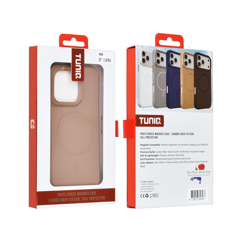 TUNIQ iPhone 15 Pro Backcover hoesje - Magsafe - Carbon Fiber - Shockproof - Goud-Hoesjes-Ilumina Benelux
