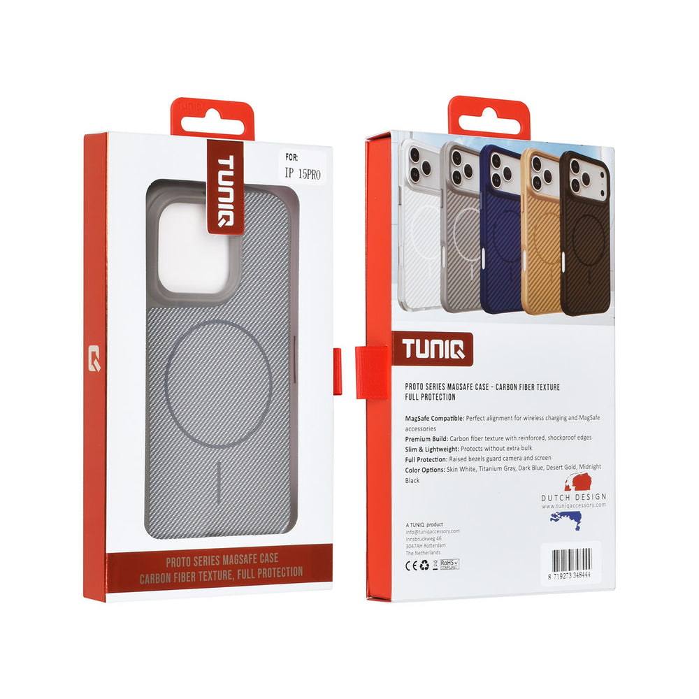 TUNIQ iPhone 15 Pro Backcover hoesje - Magsafe - Carbon Fiber - Shockproof - Grijs-Hoesjes-Ilumina Benelux