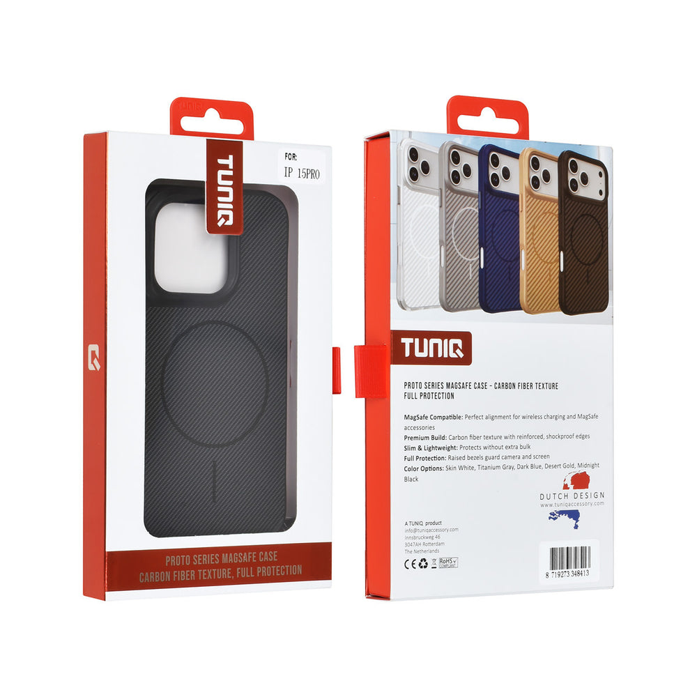 TUNIQ iPhone 15 Pro Backcover hoesje - Magsafe - Carbon Fiber - Shockproof - Zwart-Hoesjes-Ilumina Benelux