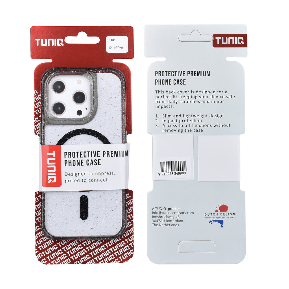 TUNIQ iPhone 15 Pro Backcover hoesje - Magsafe - Glitter - Hanger - Zwart-Hoesjes-Ilumina Benelux