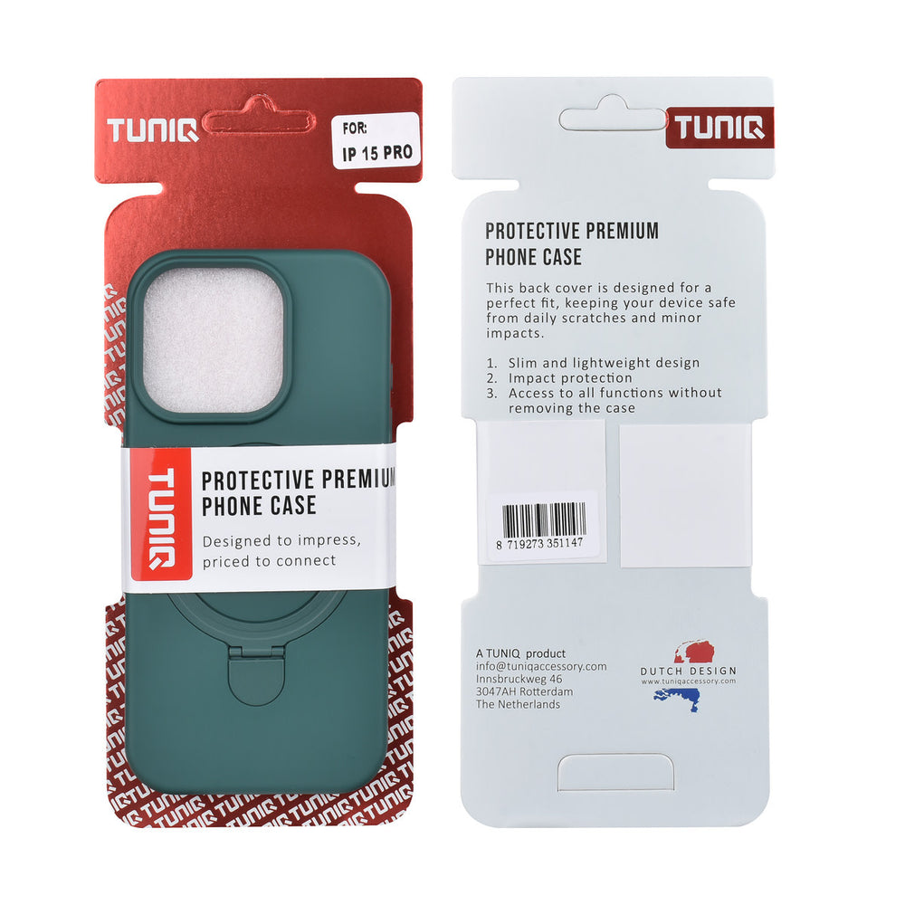 TUNIQ iPhone 15 Pro Backcover hoesje - Magsafe With Ring Stand - Hanger - DonkerGroen-Hoesjes-Ilumina Benelux