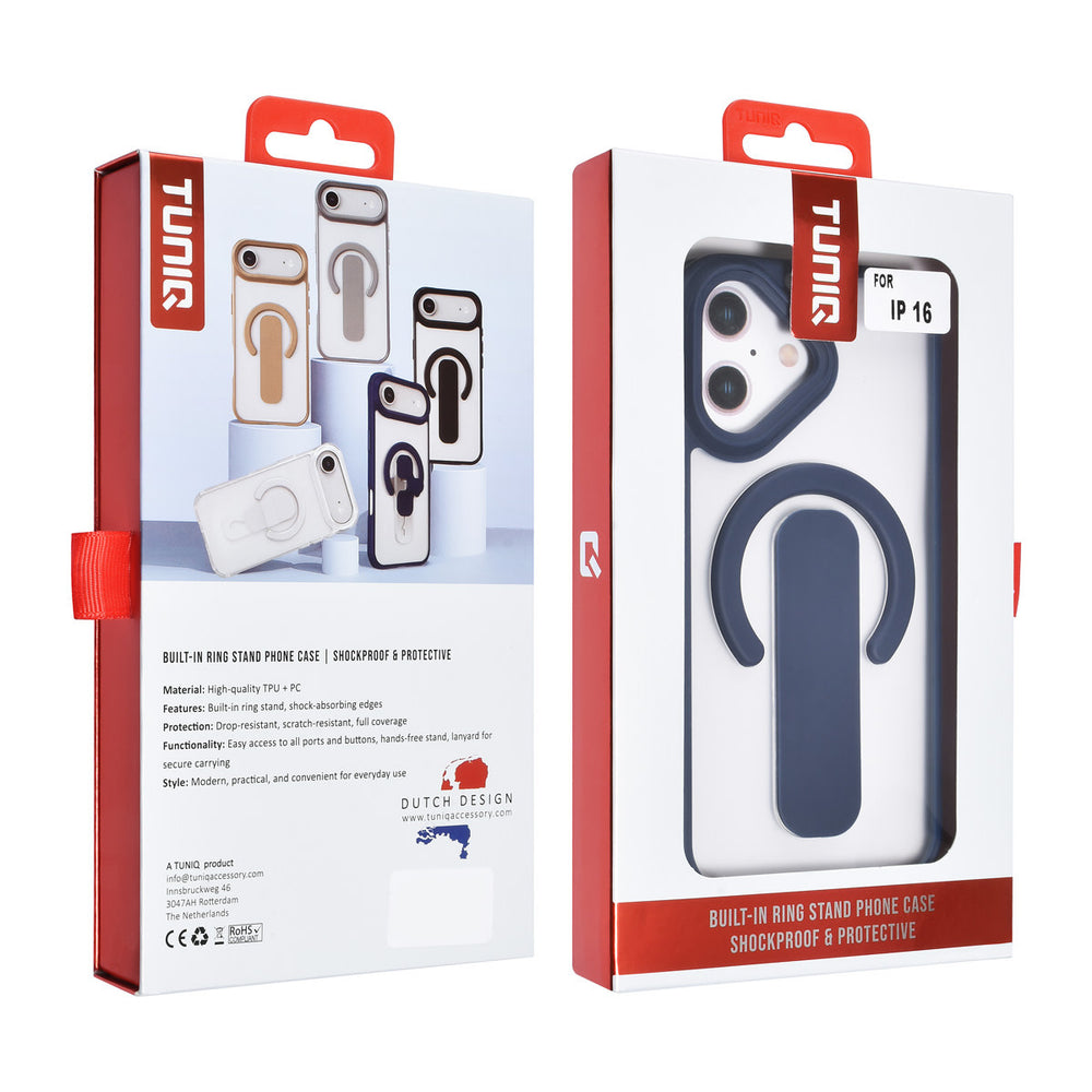 TUNIQ iPhone 16 Backcover hoesje - Built-in Ring Stand - Antishock - Blauw-Hoesjes-Ilumina Benelux