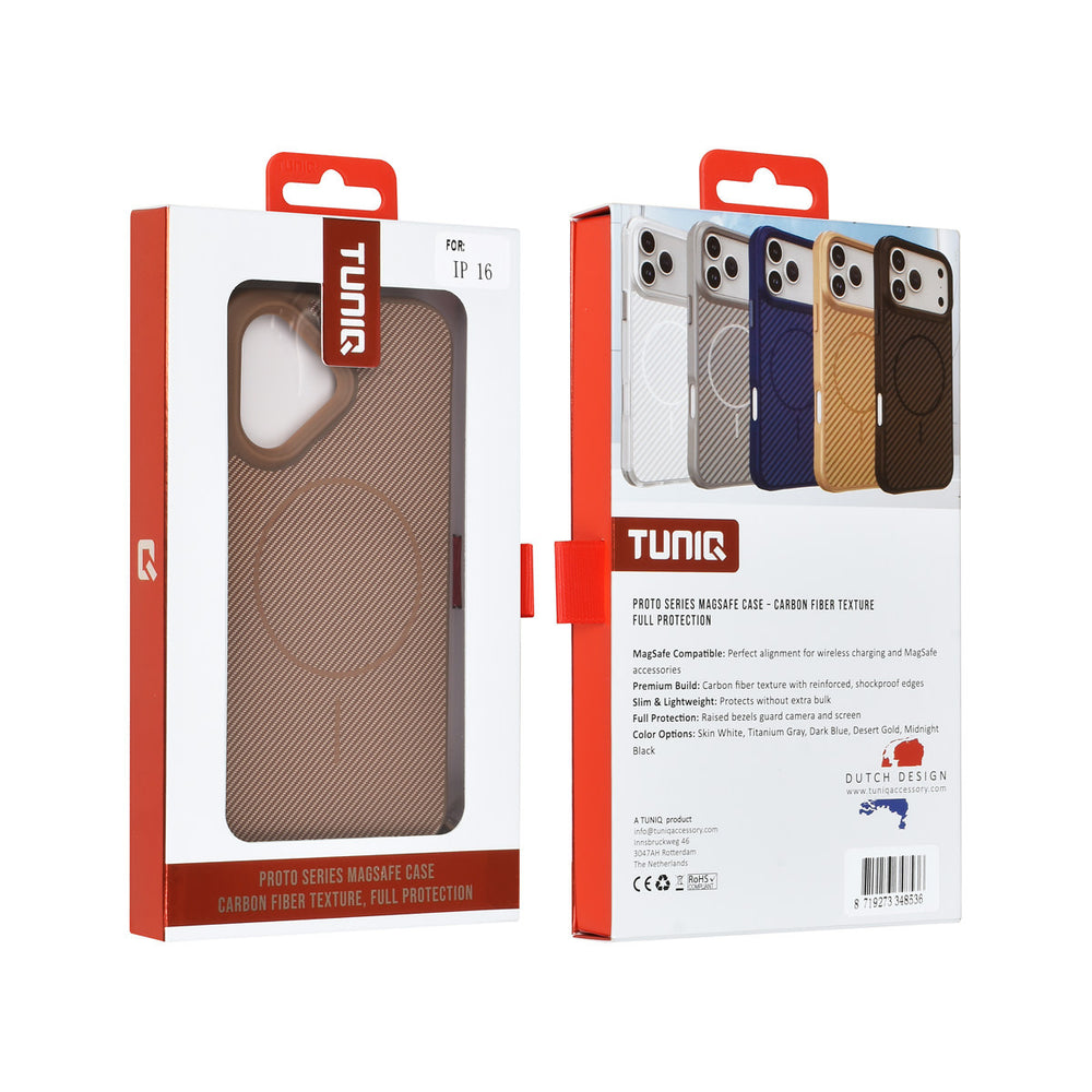 TUNIQ iPhone 16 Backcover hoesje - Magsafe - Carbon Fiber - Shockproof - Goud-Hoesjes-Ilumina Benelux