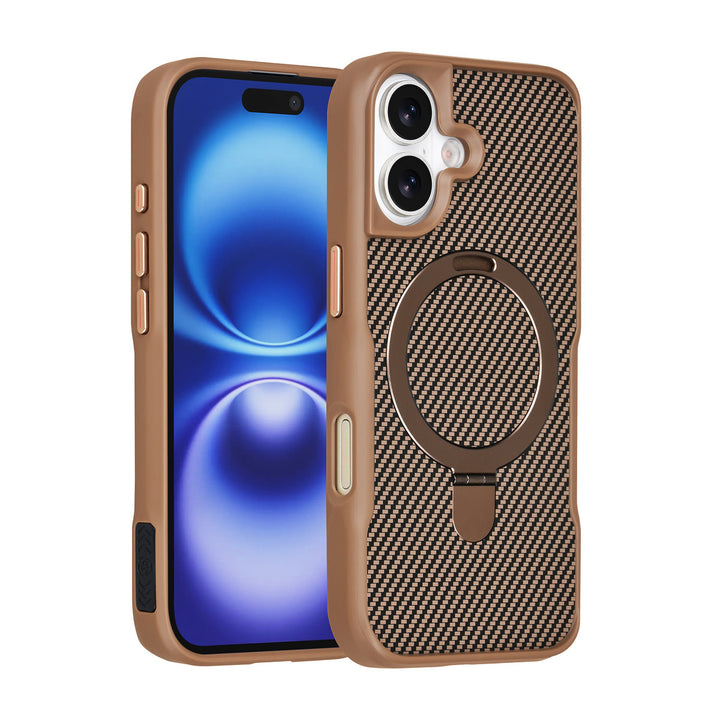 TUNIQ iPhone 16 Backcover hoesje - Magsafe With Ring Stand - Carbon Fiber - Goud-Hoesjes-Ilumina Benelux