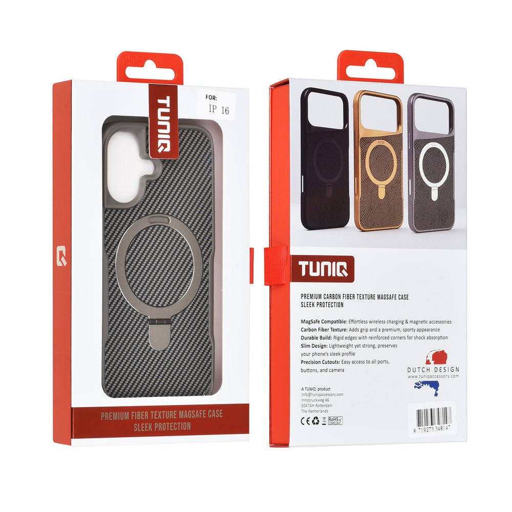 TUNIQ iPhone 16 Backcover hoesje - Magsafe With Ring Stand - Carbon Fiber - Zilver-Hoesjes-Ilumina Benelux