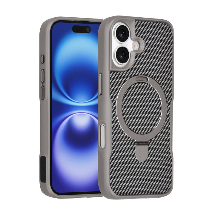 TUNIQ iPhone 16 Backcover hoesje - Magsafe With Ring Stand - Carbon Fiber - Zilver-Hoesjes-Ilumina Benelux