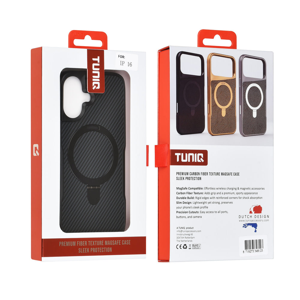 TUNIQ iPhone 16 Backcover hoesje - Magsafe With Ring Stand - Carbon Fiber - Zwart-Hoesjes-Ilumina Benelux